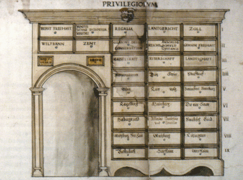 Archivschrank-Wikipedia Commons, Zeichnung eines Archivschranks, 16. Jahrhundert